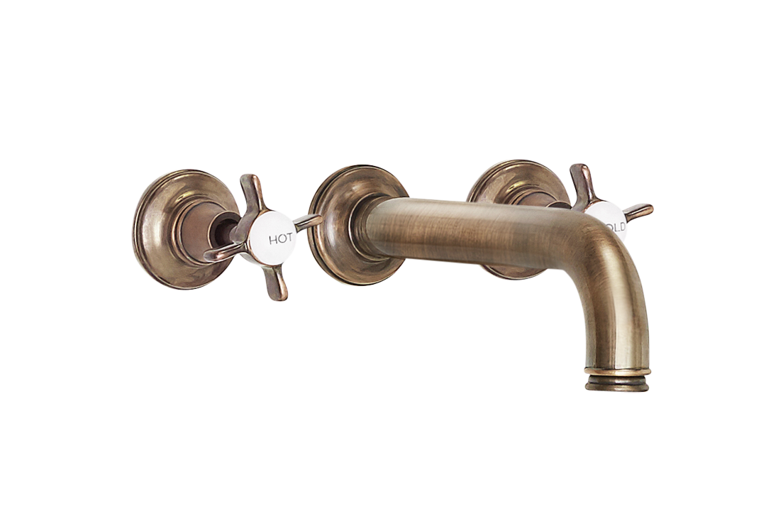 Wall Three Hole Lever Taps With Bath Spout - Porcelain Levers Gold / Porcelain Levers