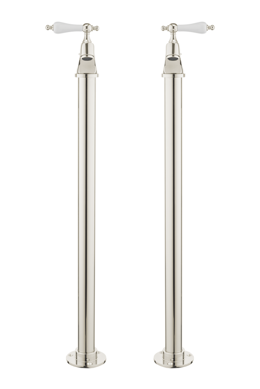 Vintage Bath Pillar Taps On Pipe Stands - Porcelain Levers